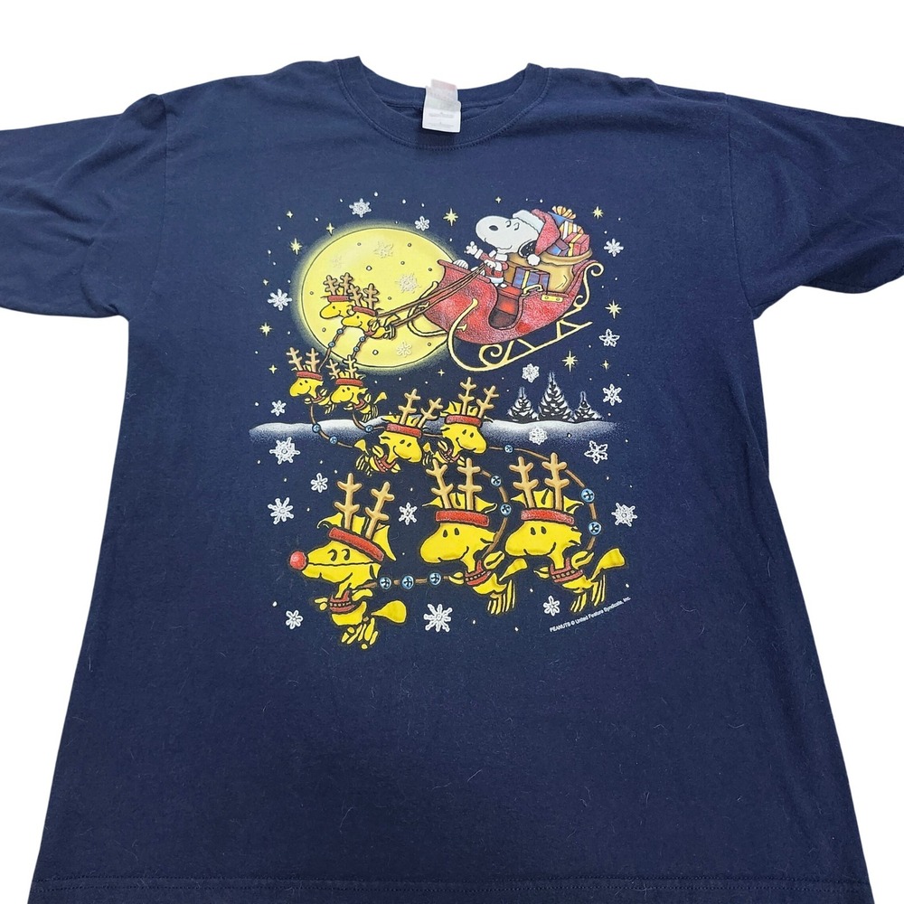 Vintage Peanuts Snoopy Santa Woodstock Reindeer Christmas Navy Blue T-Shirt Lg